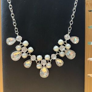 Silver and White Teardrop Necklace with Iridescent Elements